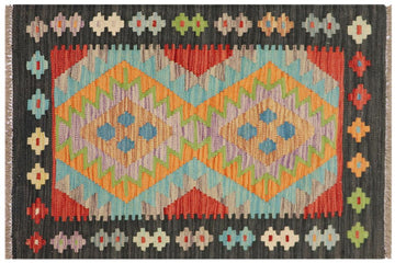 Flat Weave Kilim, Antique, Navaho, Vintage, Handmade, Geometric Kilim Blue Black Hand-Woven Rectangle 100% Wool Area Rug 2 x 3